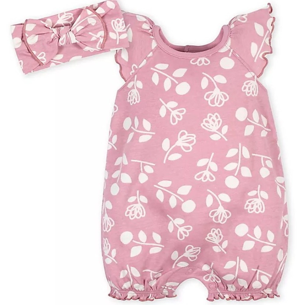 GERBER ORGANICS BIOLOGIQUE 2 PIECE FLORAL ROMPER AND HEADBAND —0-3 MONTHS